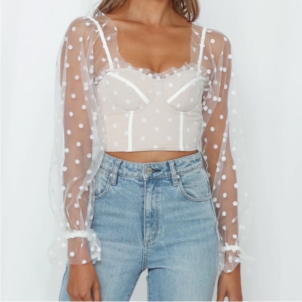 Hello Molly White Polka Dot Mesh Puff Sleeve Bustier Crop Top